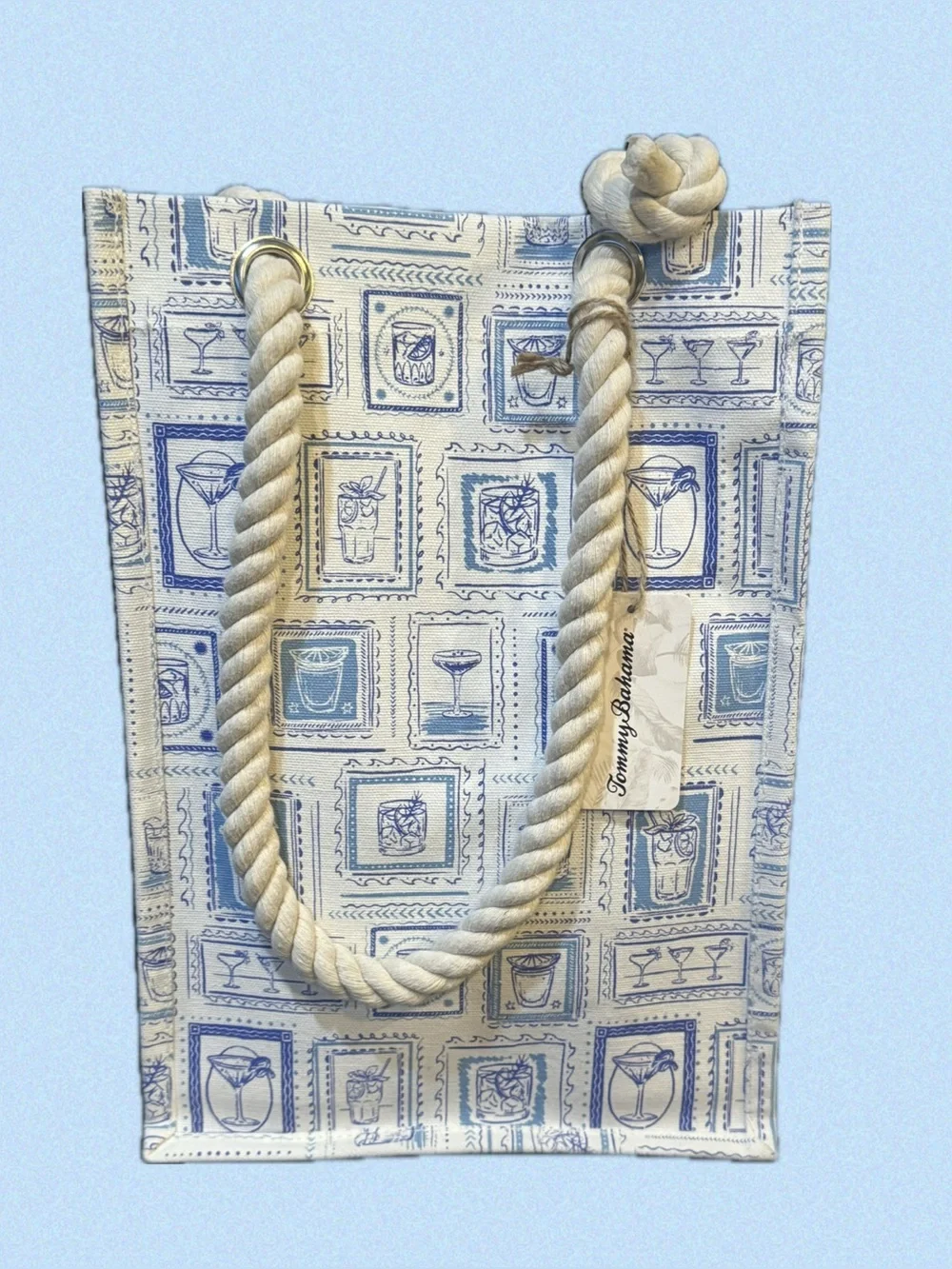 NWT Tommy Bahama Canvas Wine Bag Tote 4 Bottles Blue Graphics Tile Drinks